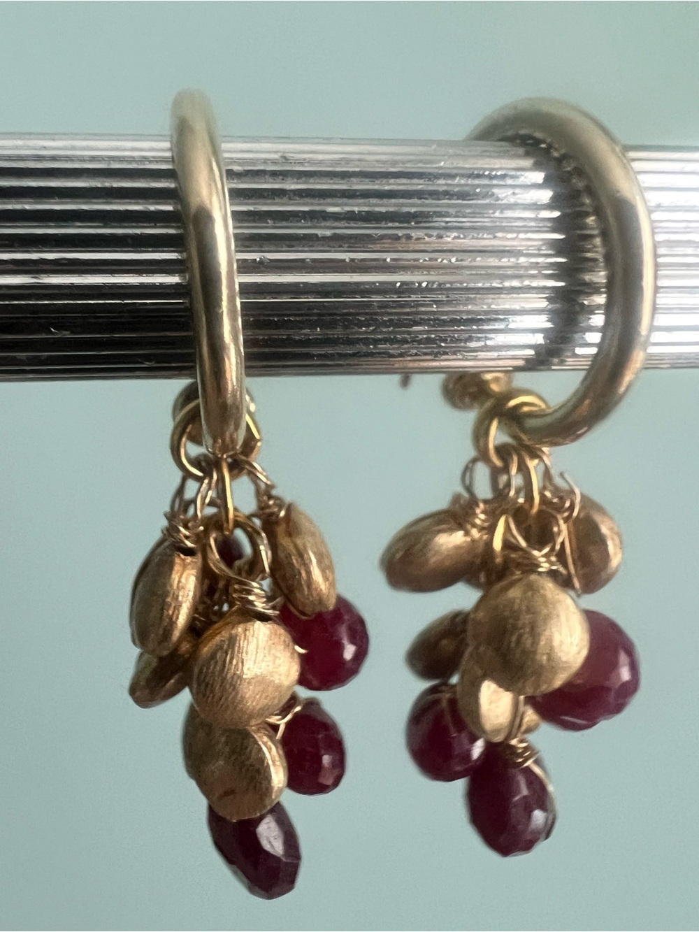 Gold-Tone Hoop Earrings with Deep Berry Bead Clusters